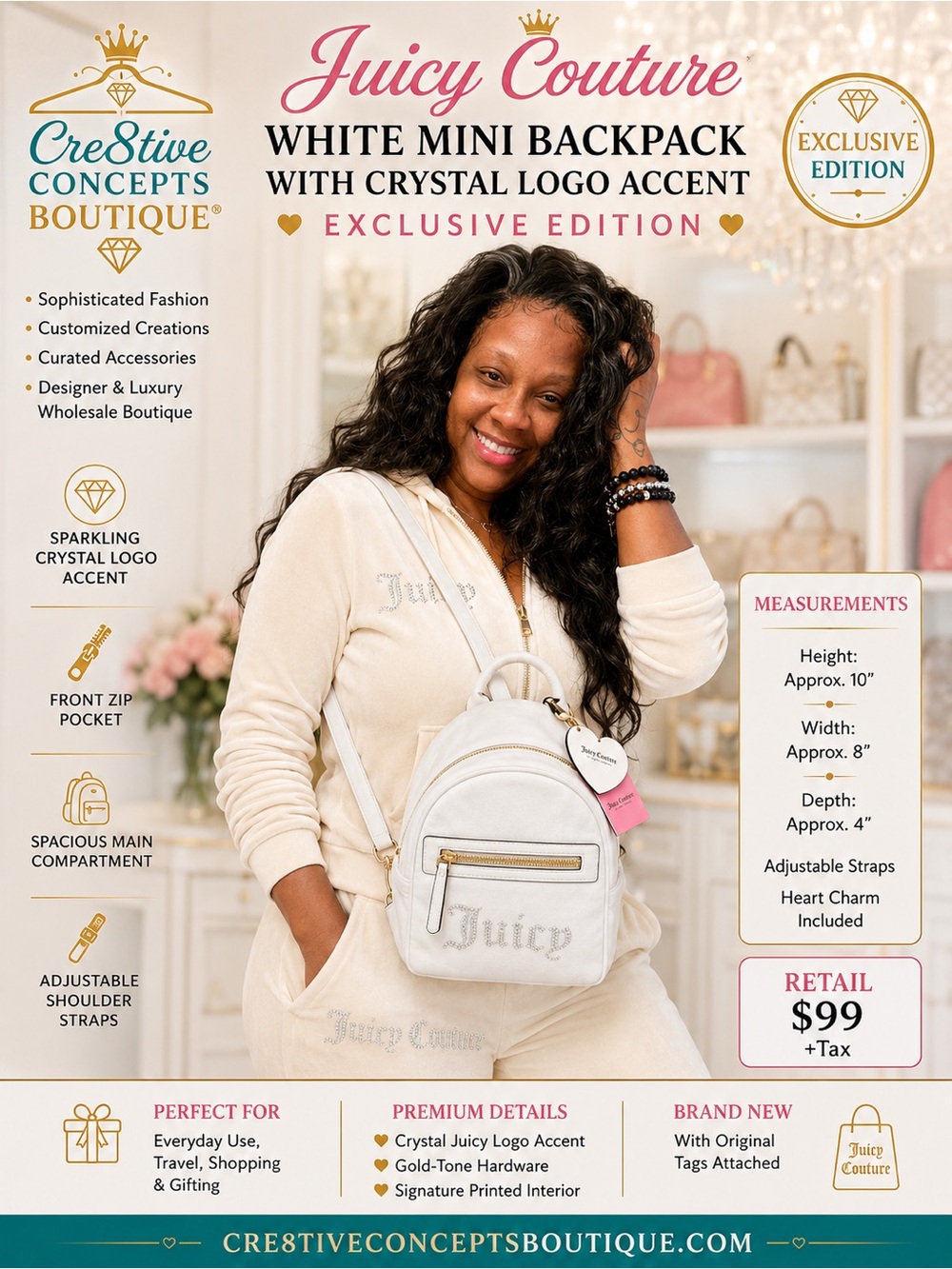 Juicy Couture 2PC White Velour Mini Backpack & Heart Charm NWT